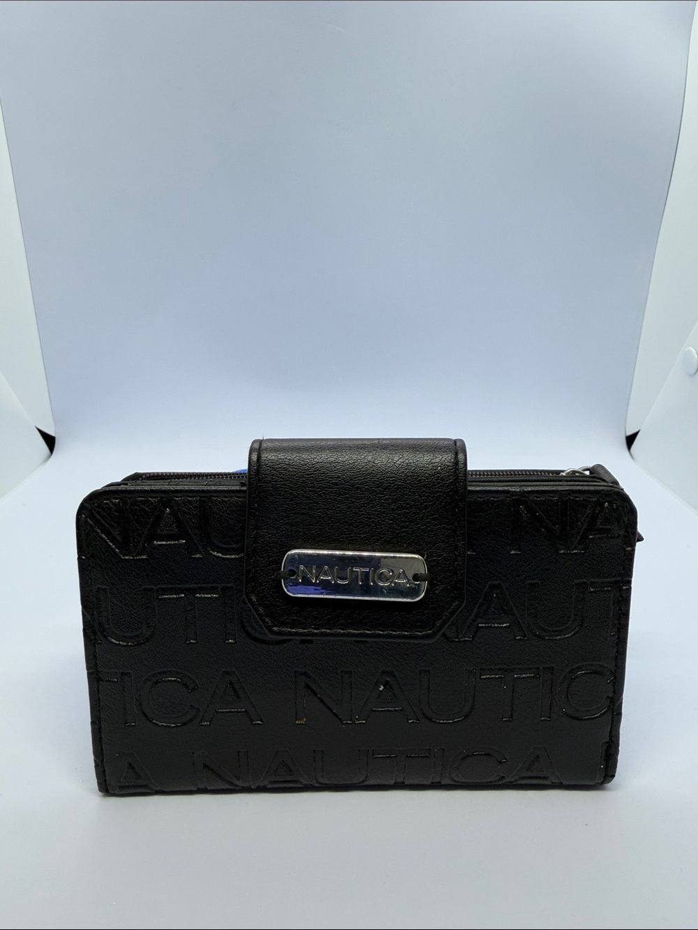 Nautica Black Embossed Logo Bifold Wallet with Silver Plate